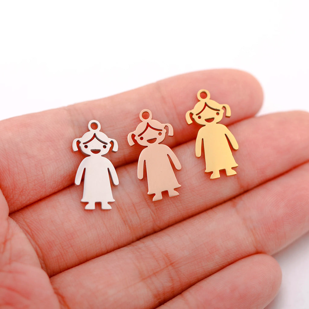 Stainless steel girl-shaped charms in gold, silver, and rose gold for DIY jewelry necklaces and bracelets.