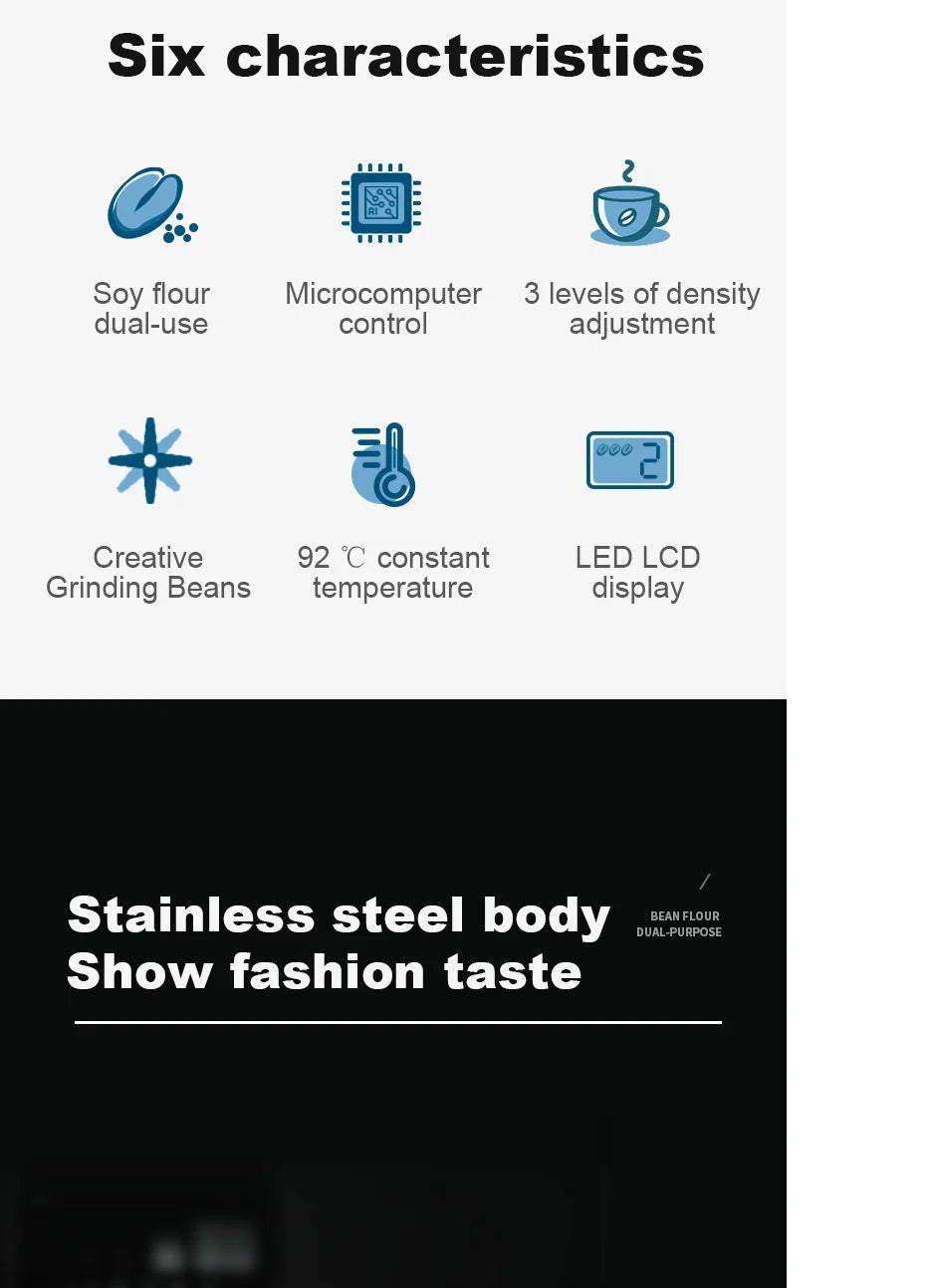 Features of stainless steel bean and soy flour dual-purpose coffee maker with microcomputer and LED display.