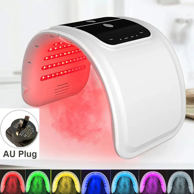 White arched LED light therapy machine emitting red light with control panel and AU power plug attachment.