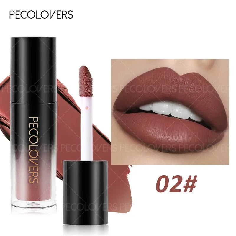 Pecolovers non-drying matte lip gloss in shade 02, a long-lasting plump, dusty rose lipstick in a chic black tube.