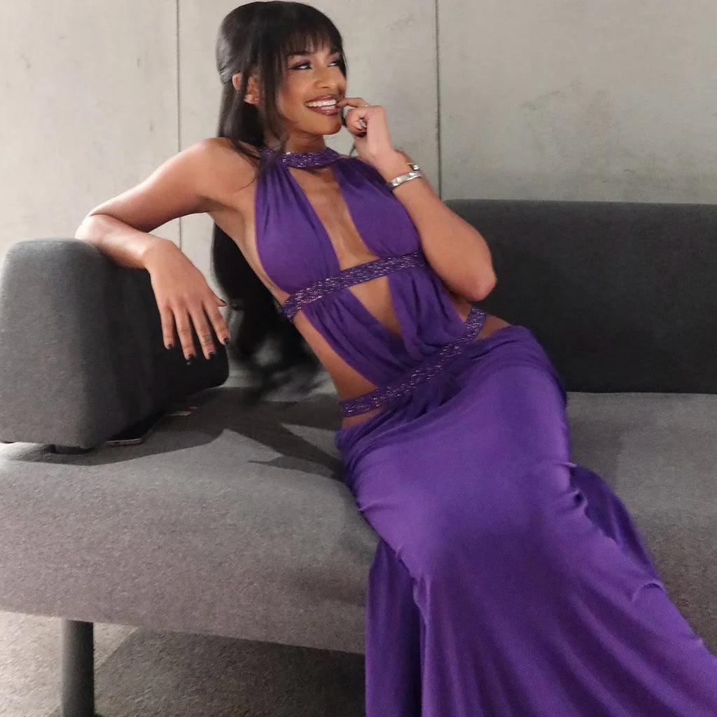 Sexy Women's Maxi Dress Halter Hollow Out Backless Sleeveless Ruched Evening Long Dresses Party Chic Robe Green Purple Summer