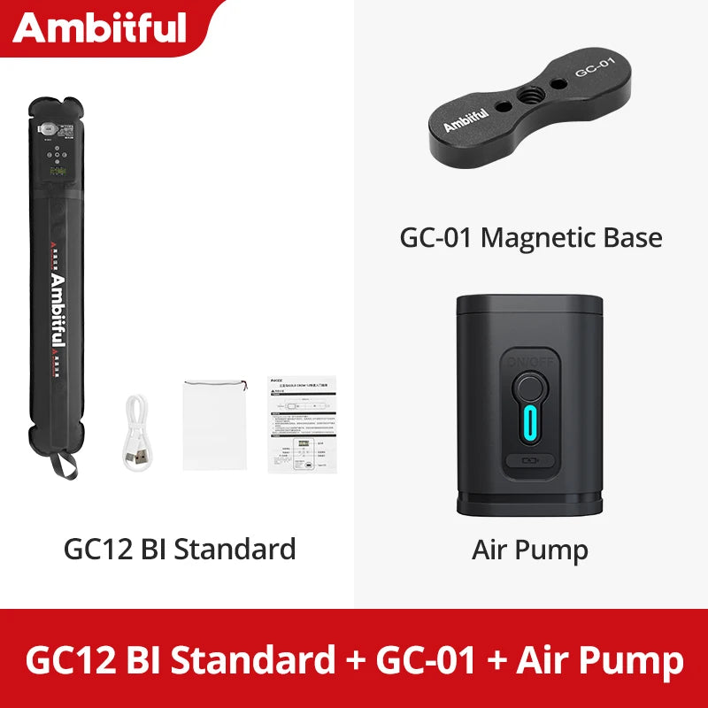 GC12 BI light stick, black magnetic mounting base, and black air pump with charging cable, bag, and manual.