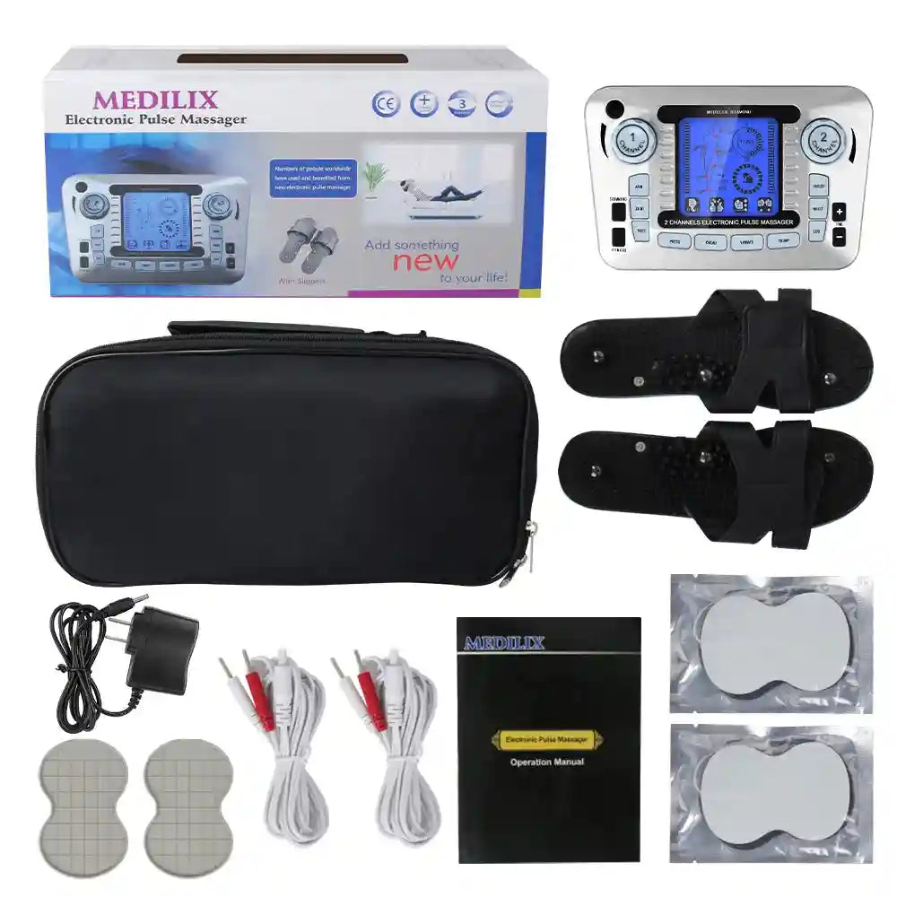 Electronic pulse massager kit with digital control unit, black massage slippers, electrode pads, cables, and carry case.