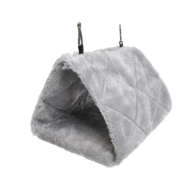 Soft grey plush hanging hammock bed for hamsters, birds, and small pets to provide a warm, cozy winter sleeping nest.