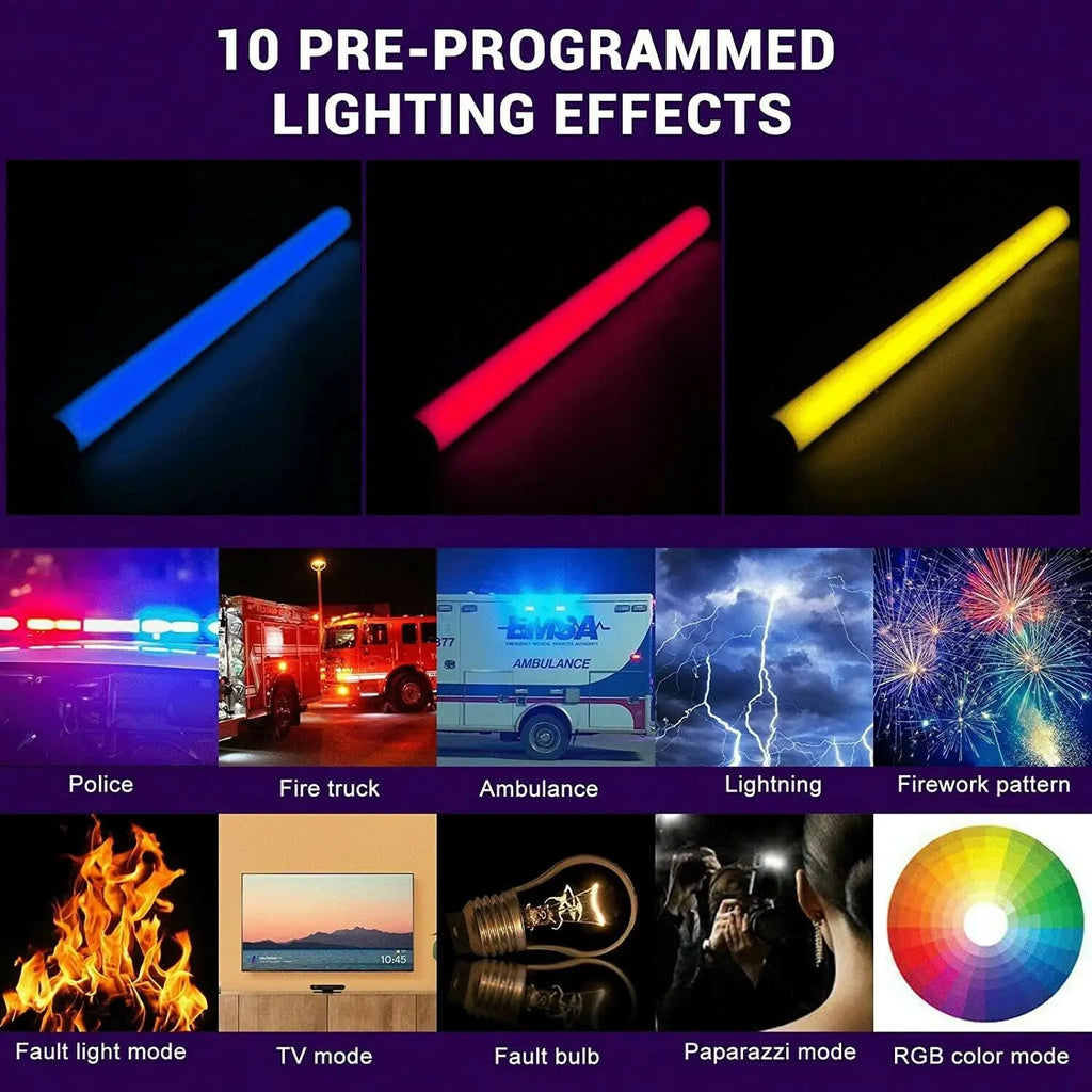 LED light wand for photography and video with 10 pre-programmed lighting effects in blue, red, and yellow.