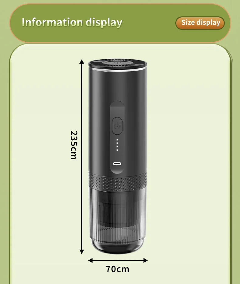Black portable coffee maker, 23.5cm x 7cm cylinder design with USB-C charging and LED battery level indicator.
