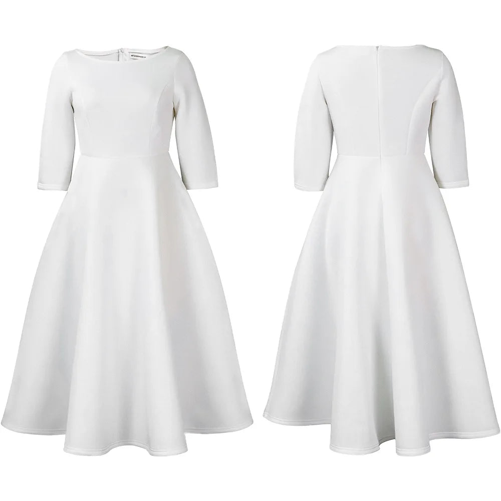 Elegant Pure Color Maxi Dress Evening Gown A- Line Skirt Polyester Fabric round Neck Short Sleeve High Waist Midi Dress
