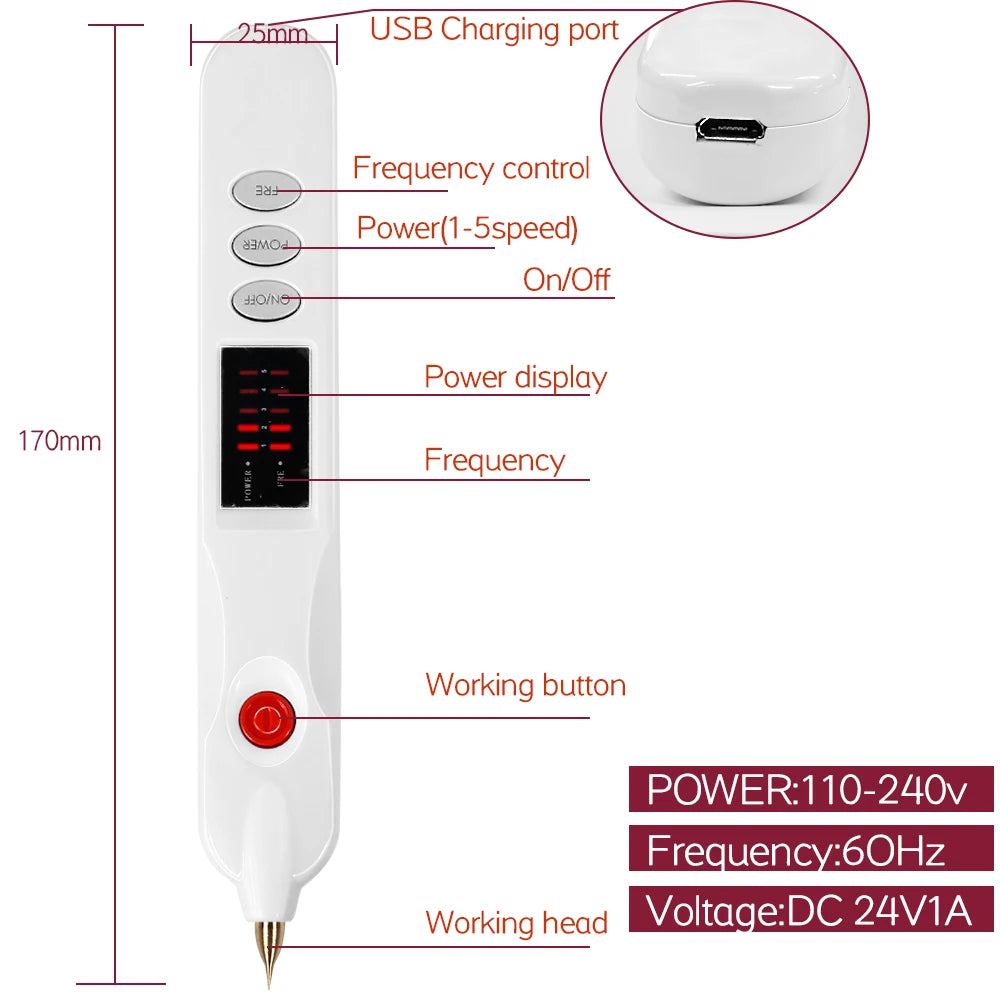 White plasma skin pen for mole, tattoo, and freckle removal with USB charging, power display, and adjustable settings.