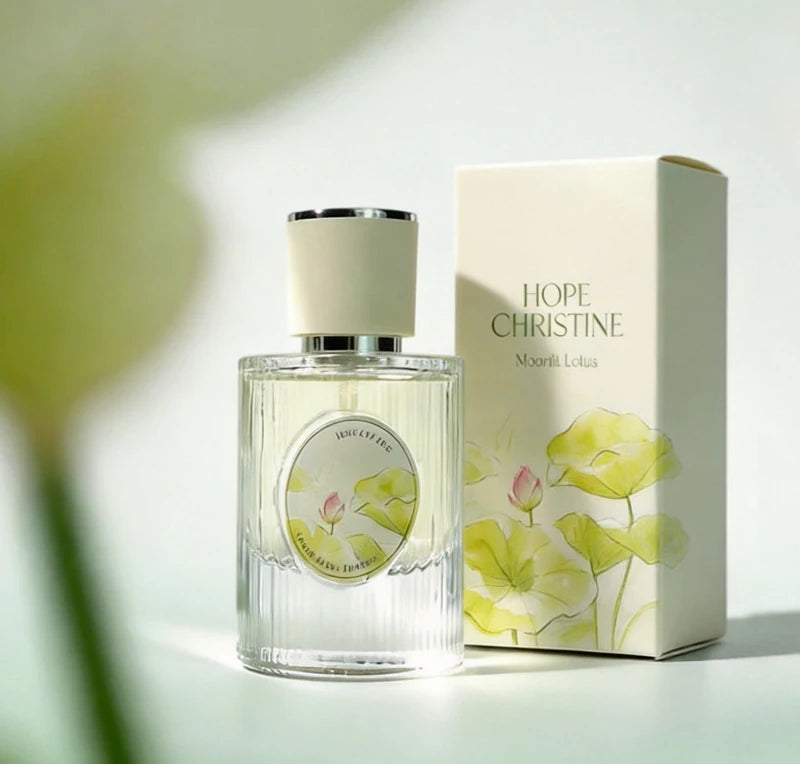 Hope Christine Moonlit Lotus perfume: floral woody scent with lotus and jasmine in a chic ribbed glass bottle.