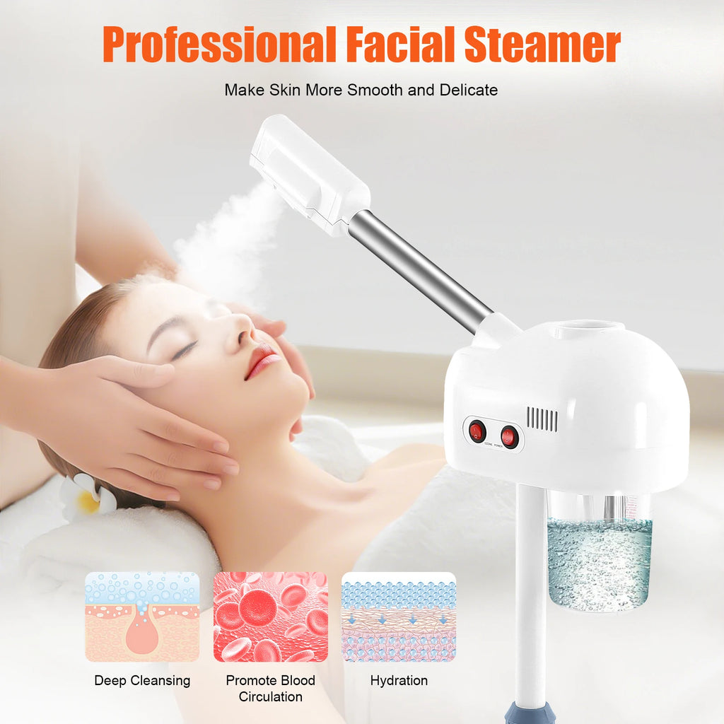 Professional 750ml white facial steamer with adjustable arm, releasing mist on a woman’s face for spa skin care.