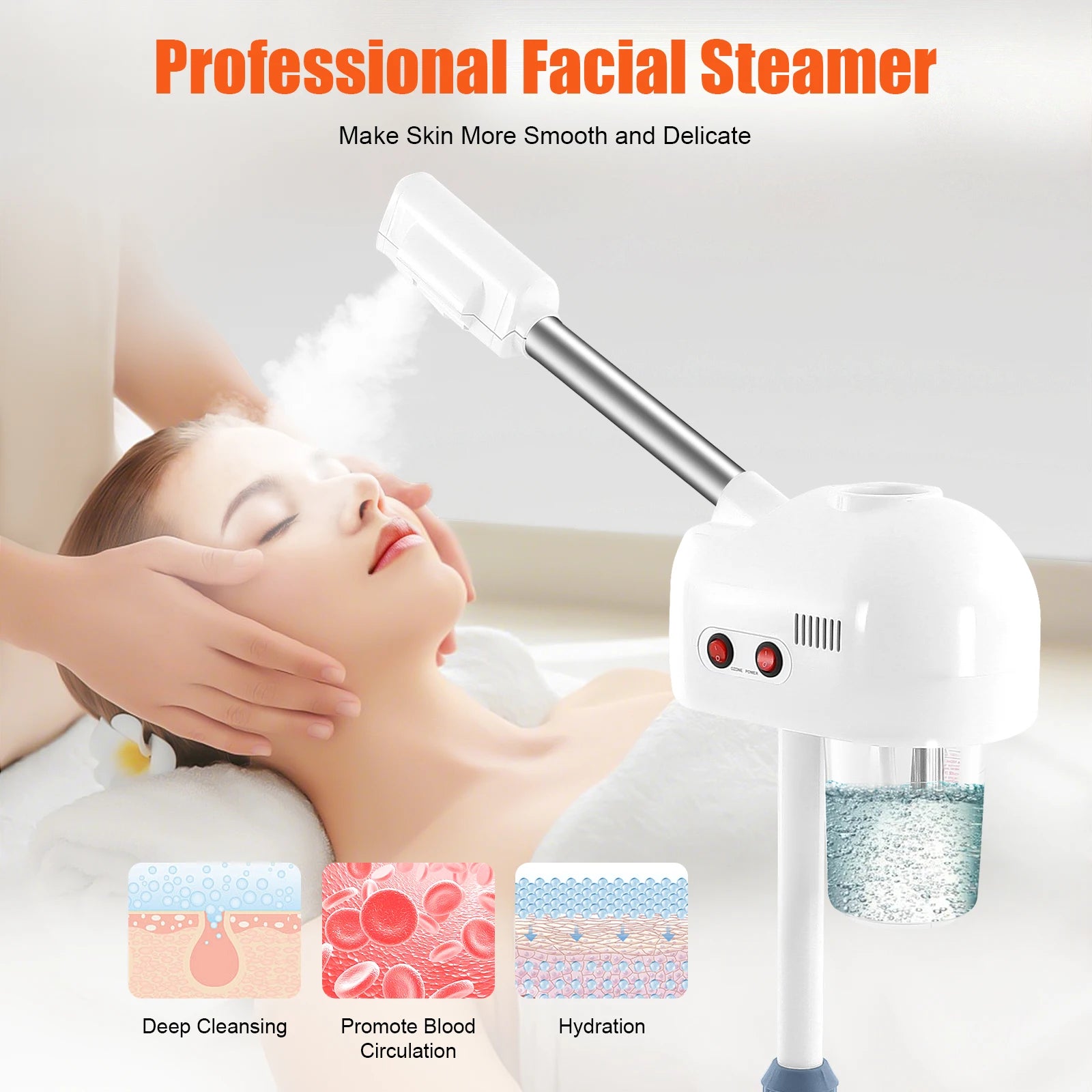 Professional 750ml white facial steamer with adjustable arm, releasing mist on a woman’s face for spa skin care.