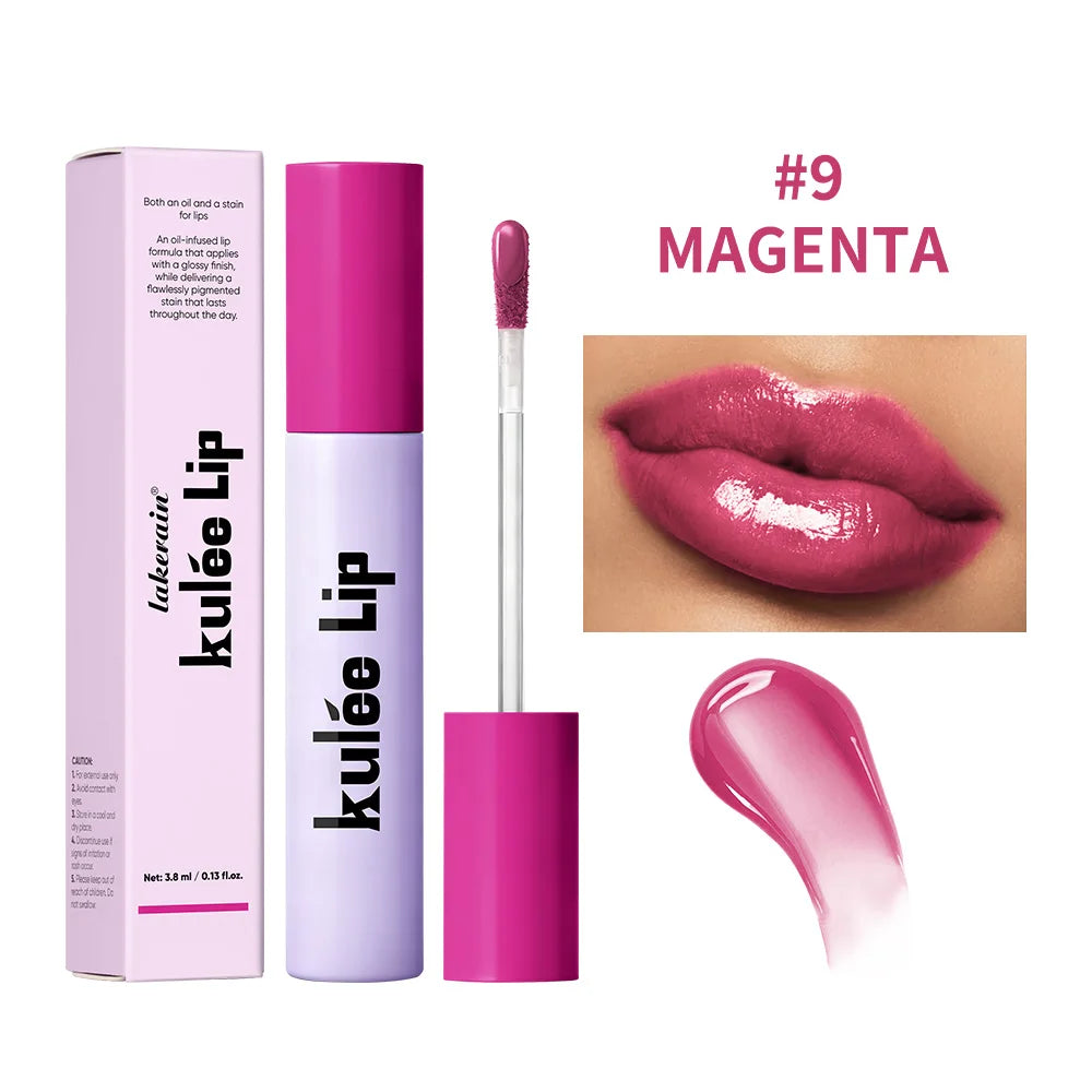 Kulfée magenta lip stain oil, 2-in-1 glossy moisturizing formula with non-stick texture for long-lasting hydration.