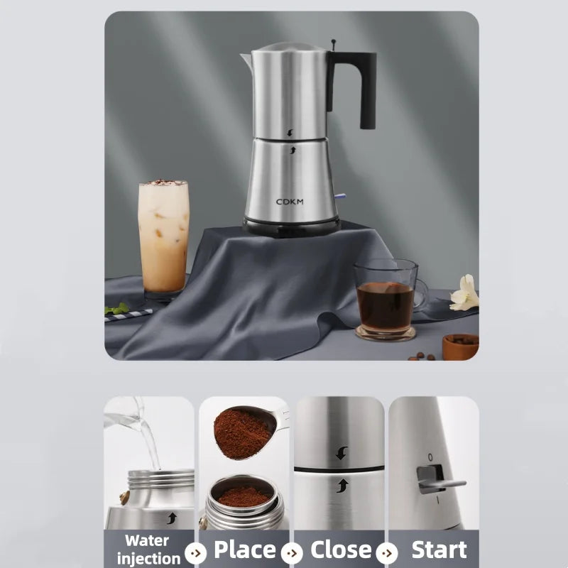 CDKM stainless steel electric moka pot coffee maker for brewing espresso with step-by-step usage instructions.