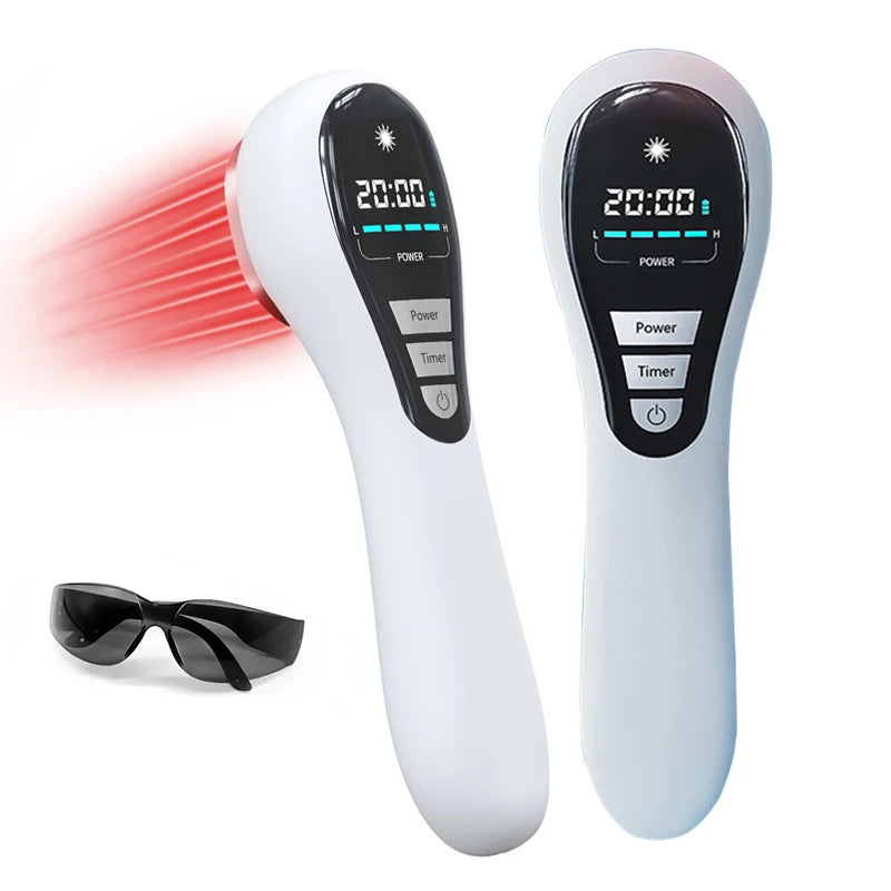 Handheld LLLT infrared red light therapy device with timer and safety glasses for pain relief and physical treatment.