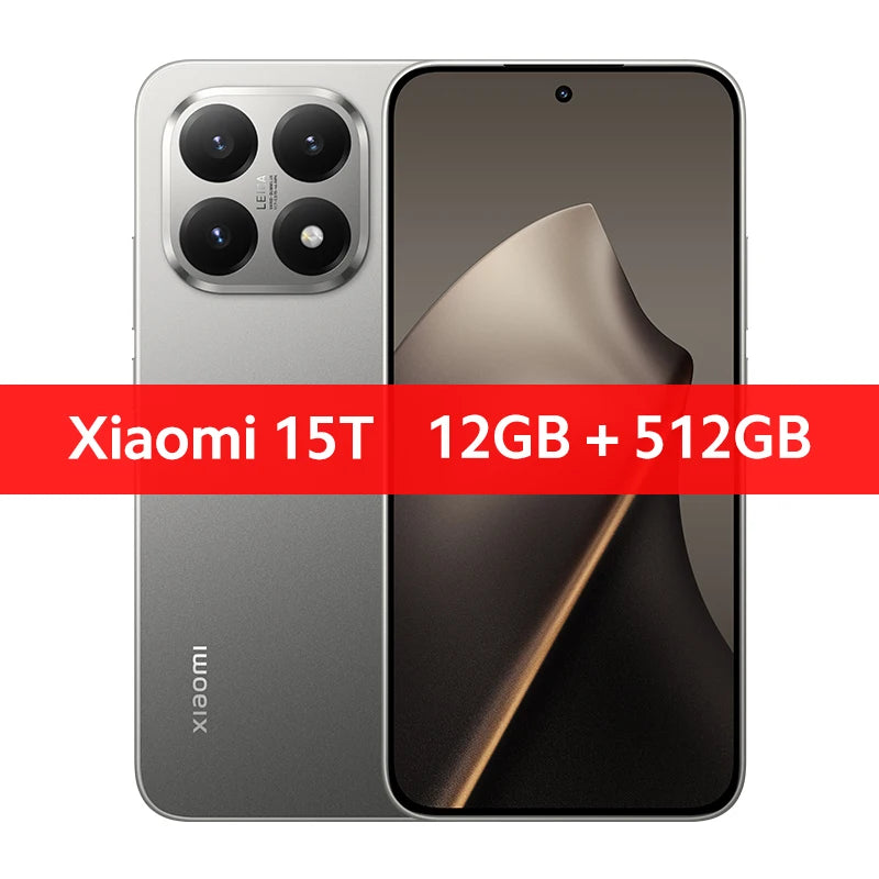 Xiaomi 15T grey smartphone, front and back view, 50MP Leica camera system, 12GB RAM, 512GB storage, 6.83-inch display.