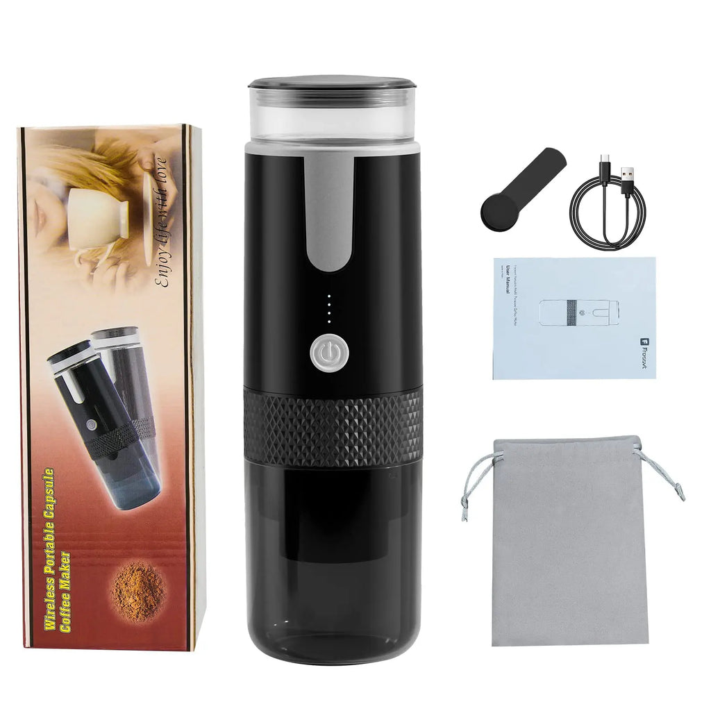 Frosvt wireless portable capsule coffee maker in black, includes charging cable, user manual, and storage bag.
