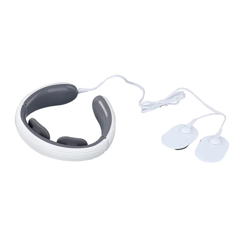 White and grey U-shaped neck massager with two connected electrode pads for muscle pain relief.