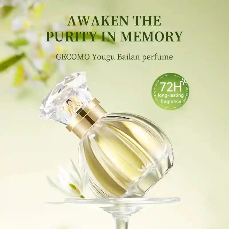 GECOMO Yougu Bailan White Rose EDP: Luxury 50ml women’s perfume in a diamond-cap, fluted glass bottle. Floral fragrance.