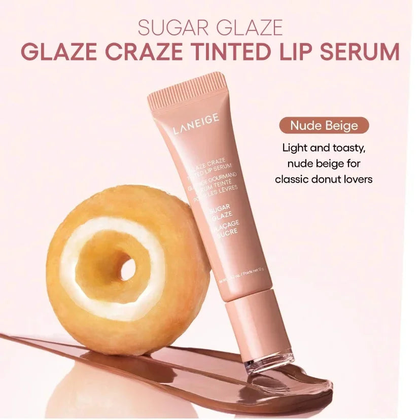 Laneige Sugar Glaze Tinted Lip Serum in Nude Beige. A hydrating, glossy tube next to a donut and brown swatch.