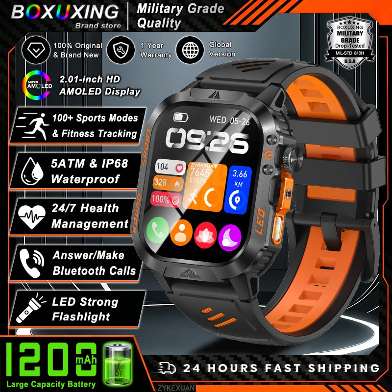 New 1200 mAh Battery Rugged Military Smartwatch Men 5ATM Waterproof Fitness Tracker Health Monitor 100+Sports Call Smart Watches