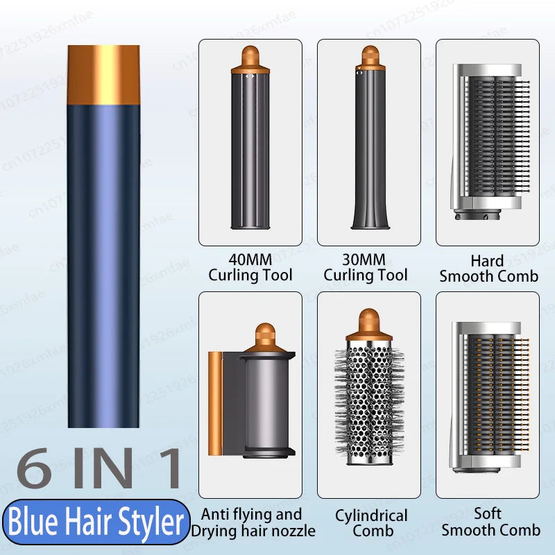 Blue 6-in-1 high-speed hair dryer and styler set with 5 attachments for curling, smoothing, and fast drying.