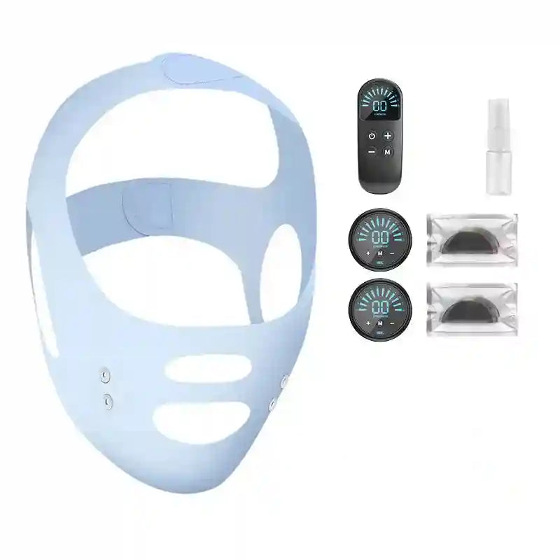 Light blue silicone V-line facial lifting strap, a digital remote, two round controllers, and accessories.