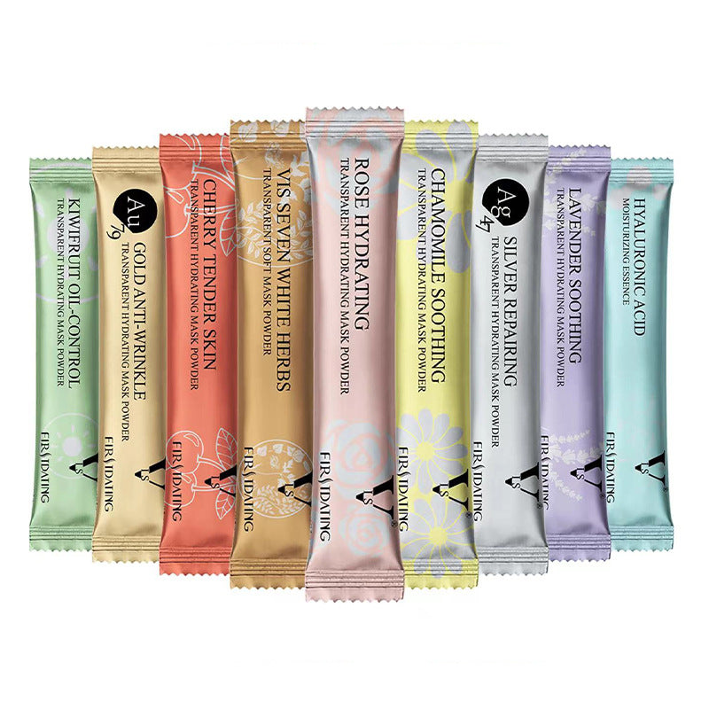 Nine colorful, slim sachets of facial jelly mask powder, arranged vertically, each labeled with a specific ingredient.