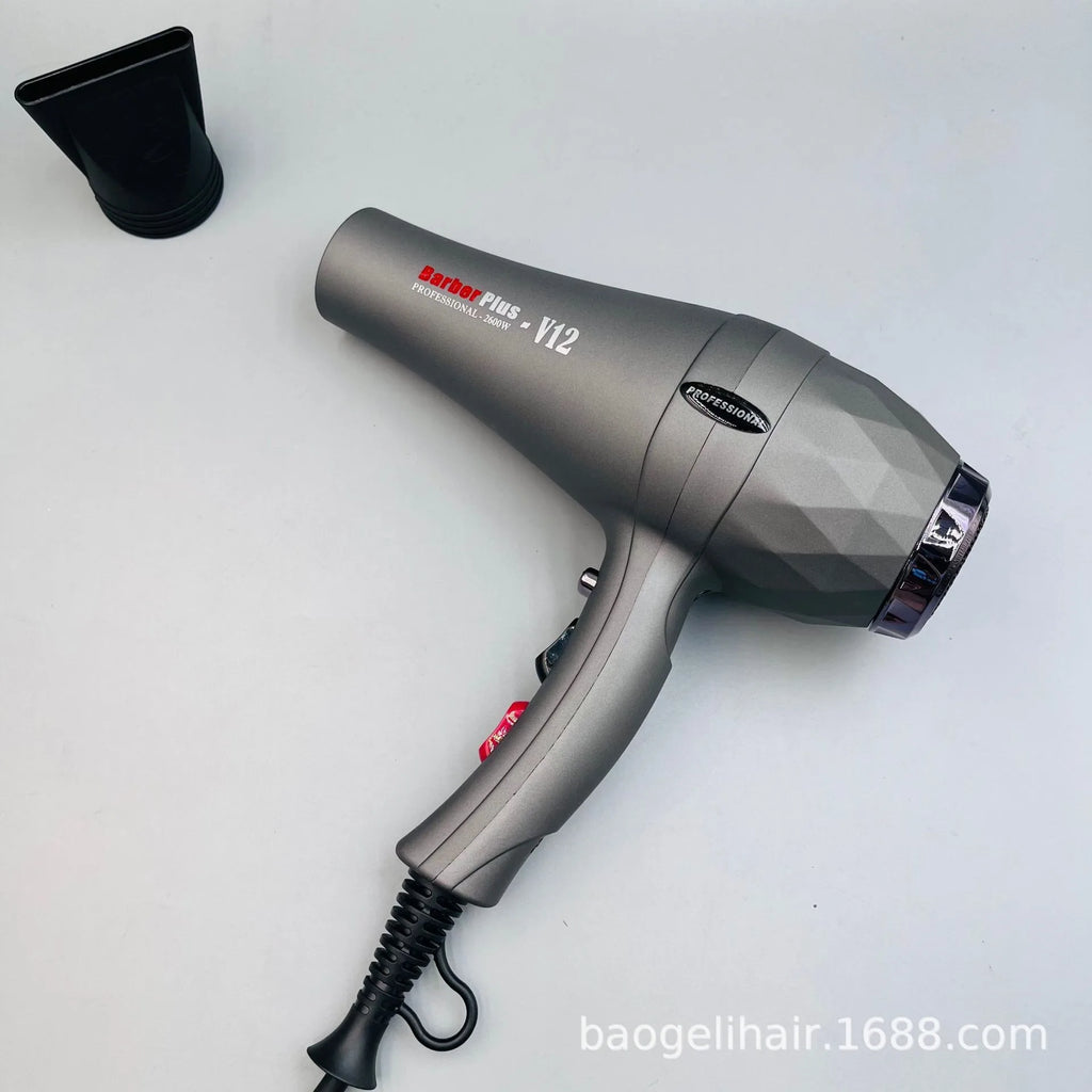 2600W professional matte grey hair dryer with concentrator nozzle, geometric design, and negative ion technology.