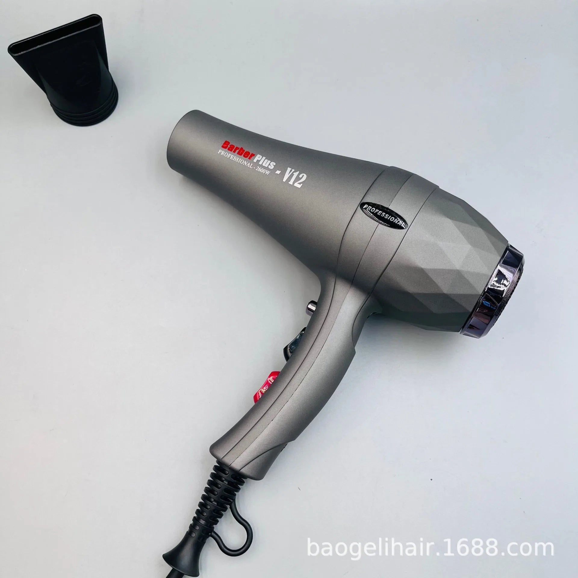 2600W professional matte grey hair dryer with concentrator nozzle, geometric design, and negative ion technology.