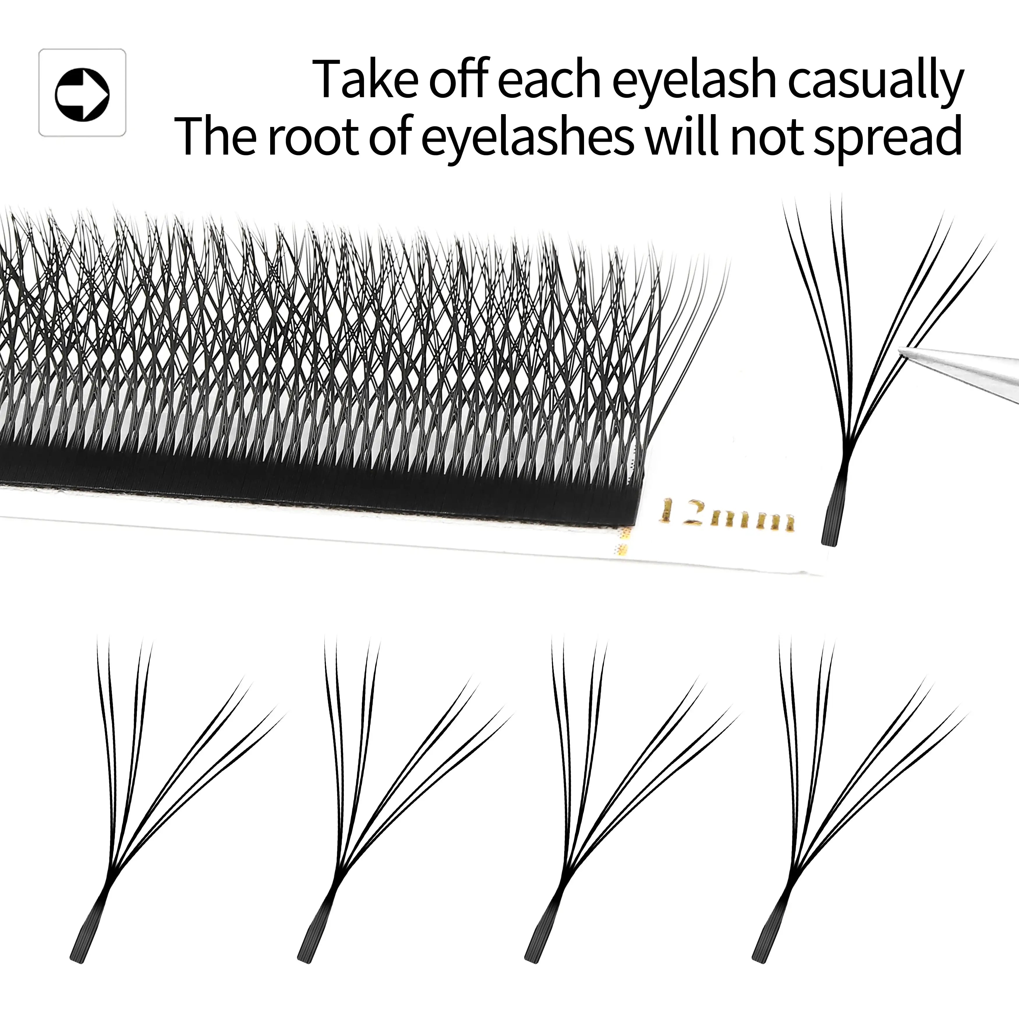 Black 12mm premade volume lash fans on a strip with non-spreading, bonded roots for easy professional application.