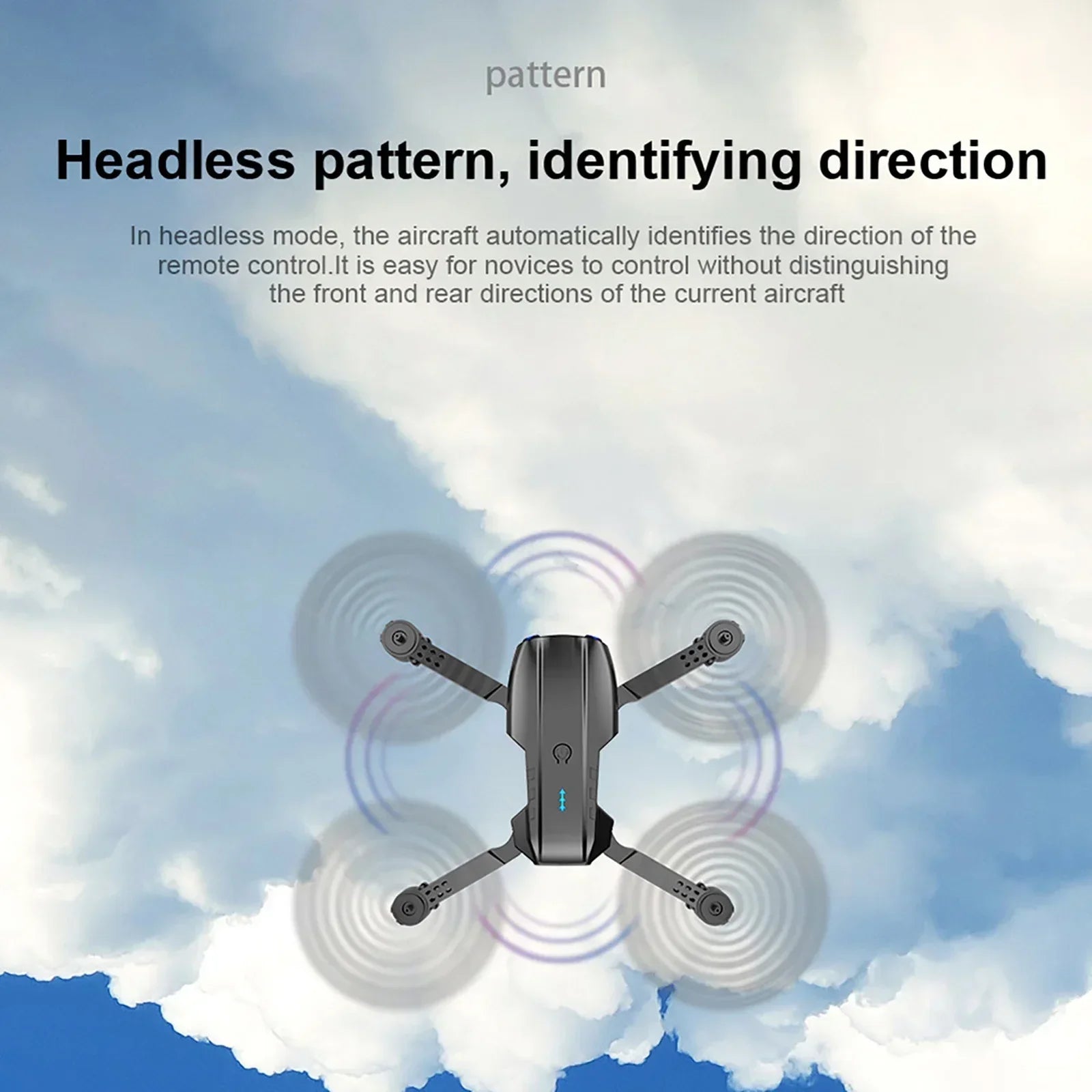 Small black quadcopter drone with four spinning rotors against a cloudy sky, illustrating headless flight mode.