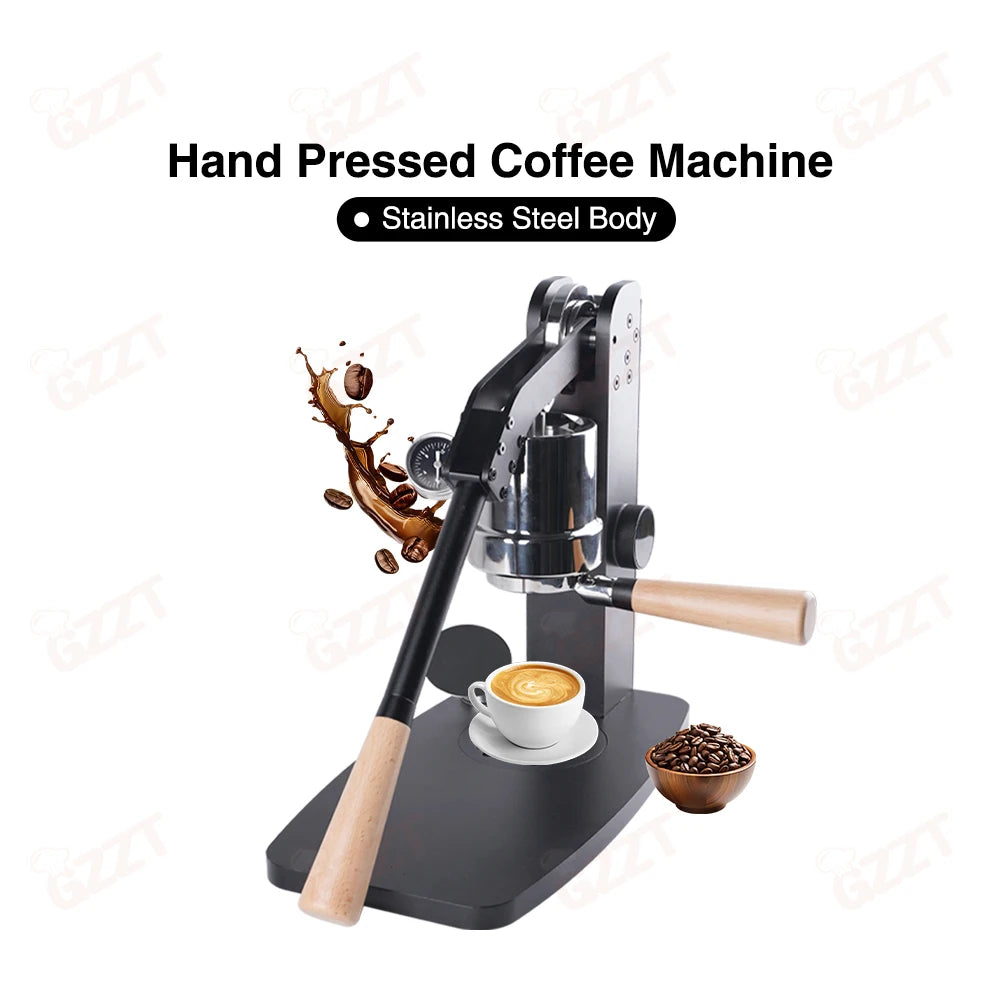 GZZT manual lever espresso coffee machine with black stainless steel body and wooden handles.