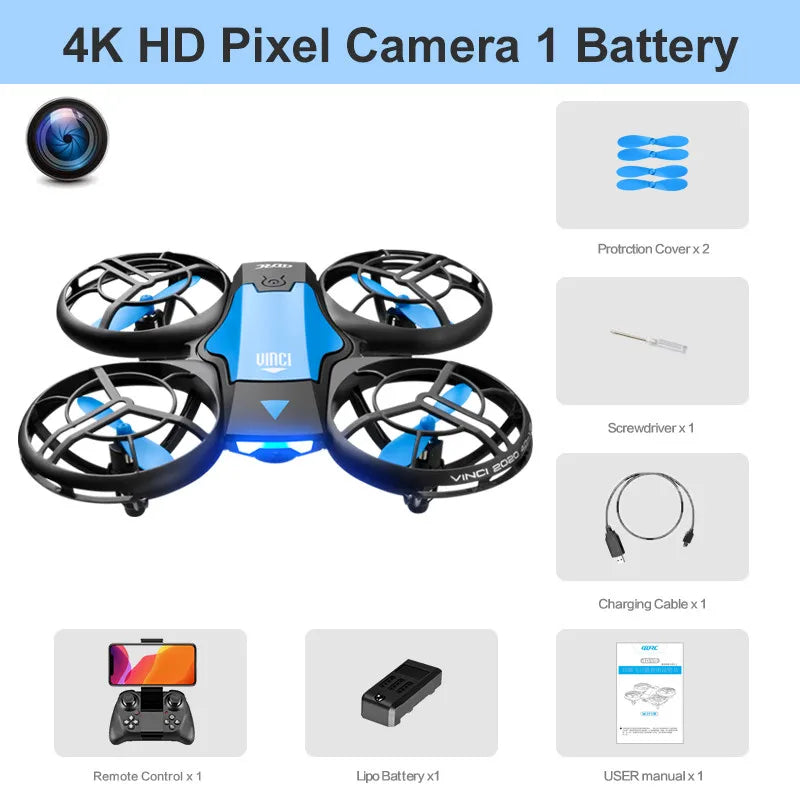 Blue and black 4K camera drone with four propeller guards, remote control, battery, and accessories.