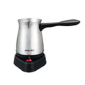 Sokany stainless steel electric Turkish coffee maker with black base, handle, and red power indicator switch.