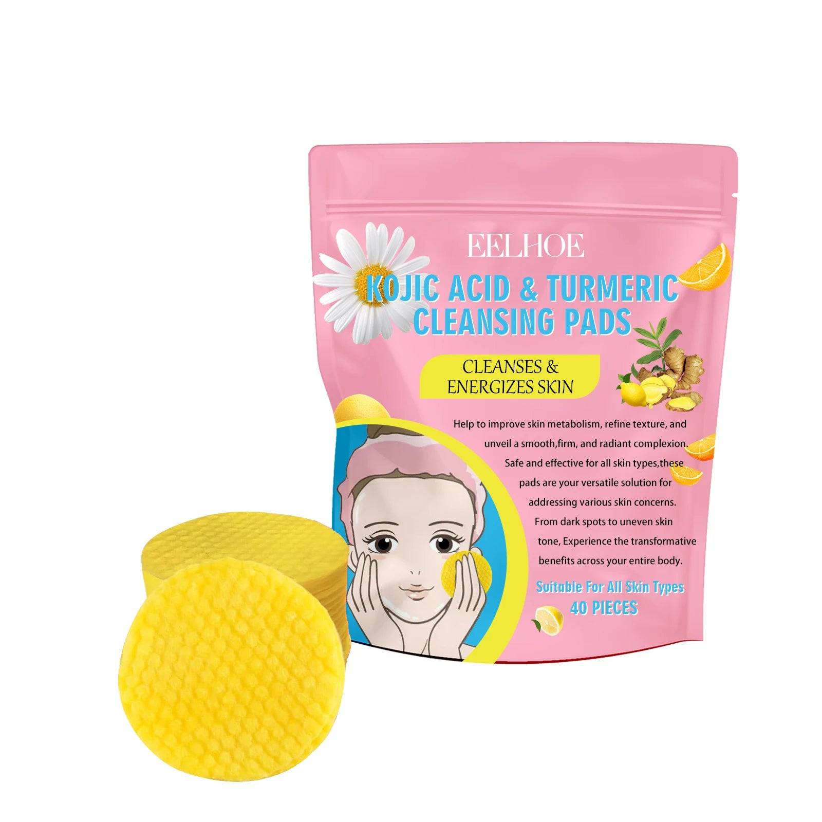 Turmeric Kojic Acid Cleansing Pads Exfoliating Pads Shrink Pores Removing Dead Skin Smooth Brightening Skin Face Cleansing