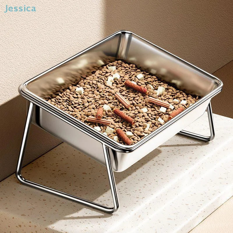 Slanted stainless steel elevated pet bowl for cats and dogs, dual-compartment feeder for comfortable feeding.