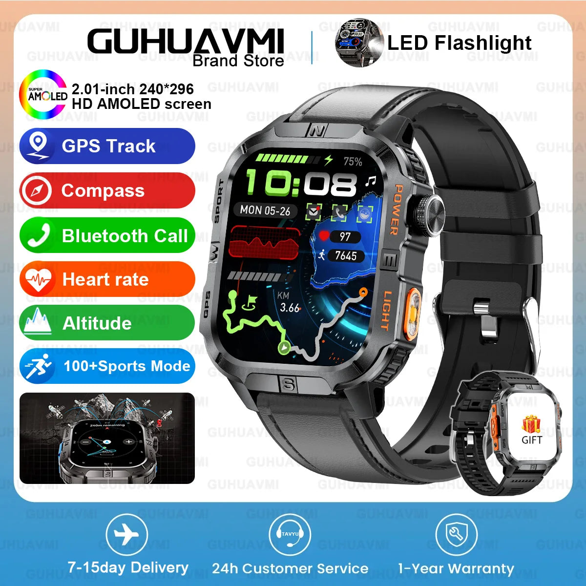 2026New Outdoor Military Men's Smartwatch, Equipped With GPS LED Lighting, Compass, Wireless Communication IP68 Waterproof Watch