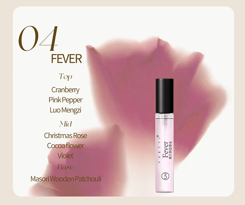 HOPE CHRISTINE Fever EDT spray sample, floral woody fragrance with cranberry and rose notes in a slender glass vial.