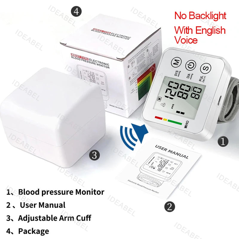 Smart LCD Screen English Voice Broadcast Wrist Blood Pressure Monitor Digital Automatic BP Tonometer Heart Rate Sphygmomanometer