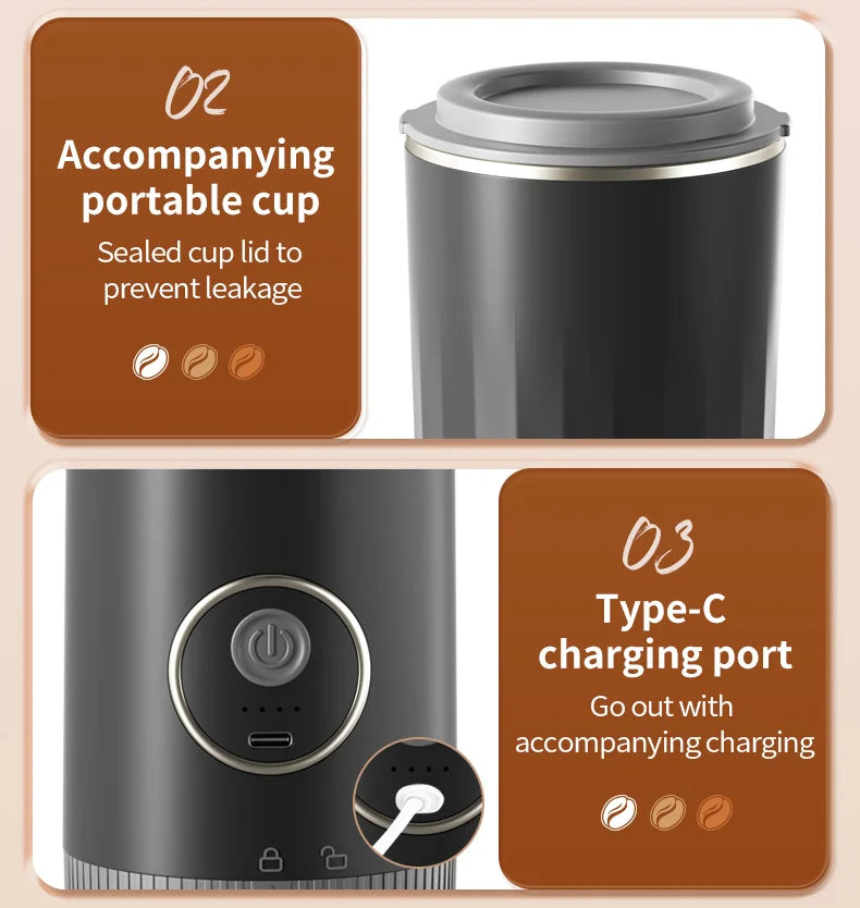 Black portable coffee maker with leakproof lid, USB-C charging port, and power button, featuring a matte finish.
