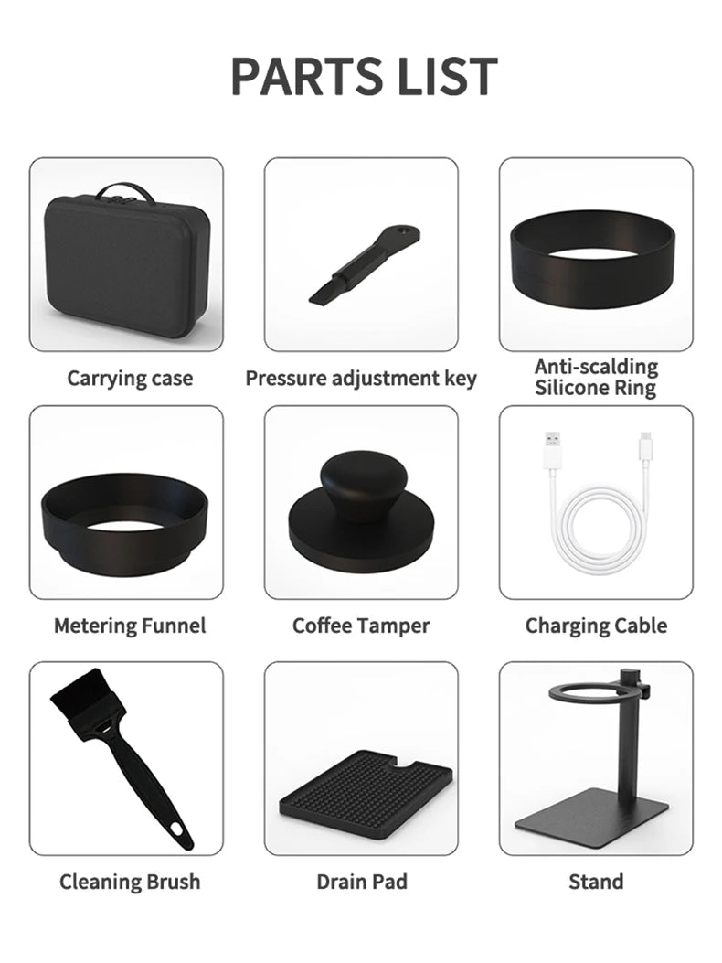 Parts list for portable espresso coffee maker including black case, tamper, funnel, silicone ring, and charging cable.