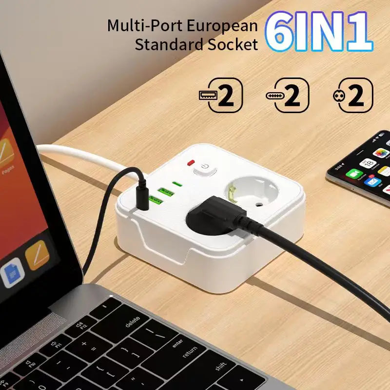 EU Plug Power Strip 2 AC 2 USB-A 2 Type-C Charging Station with Lightning Protection & Overload Safety, Wall-Mounted Outlet