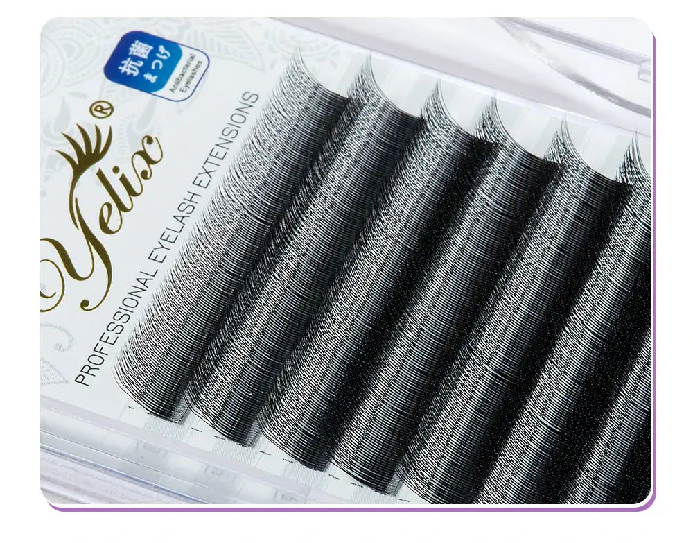 Dark brown, ultra-thin 2D Y-style lash extension strips organized in a professional tray.