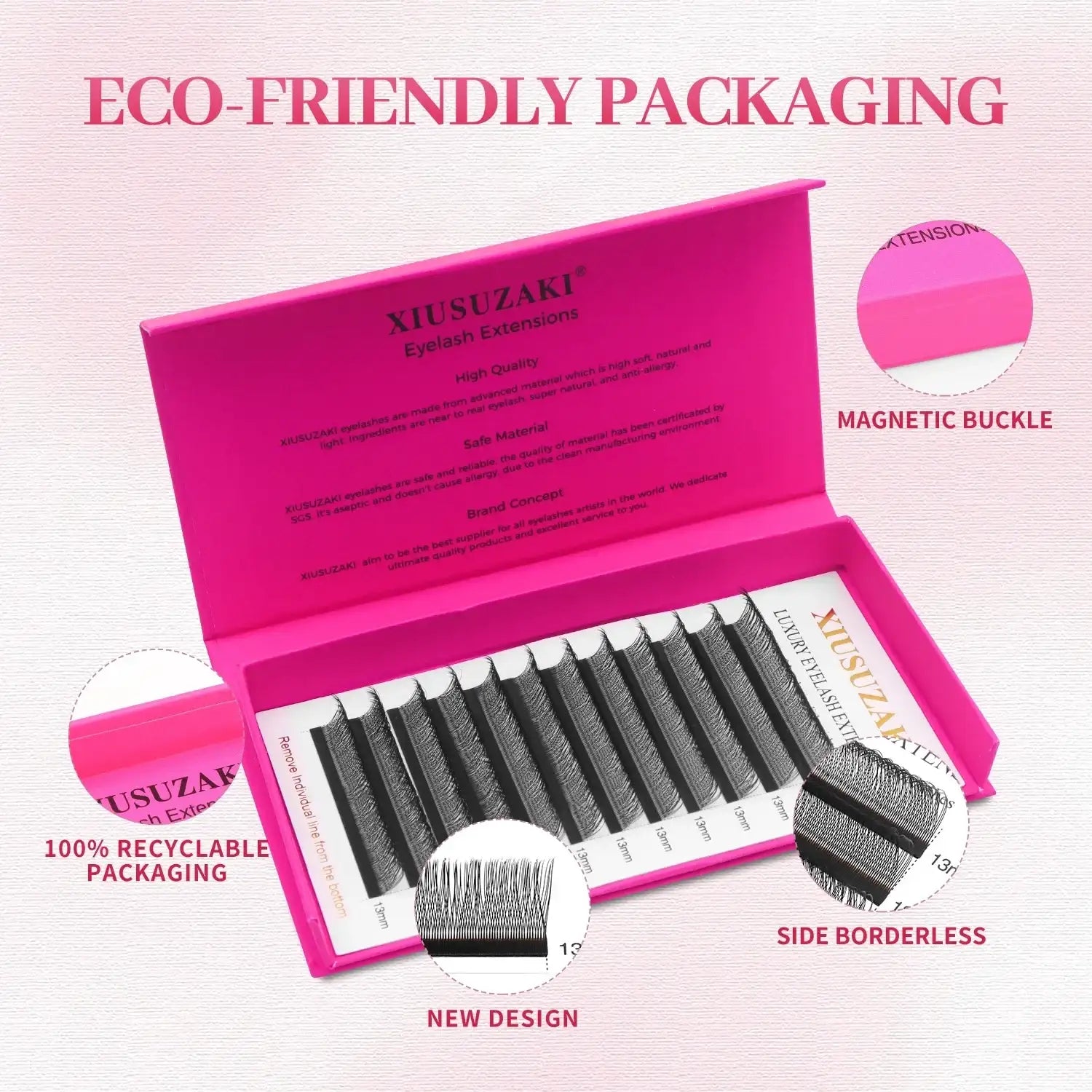 Black eyelash extension strips inside a rectangular, hot pink magnetic-closure case.