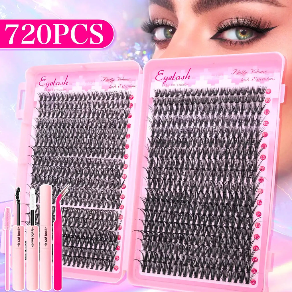720/200pcs eyelash Extension Kit Fluffy Eyelash Extension kit with Lash Bond and Seal Lash Tweezers Thick Lash Clusters