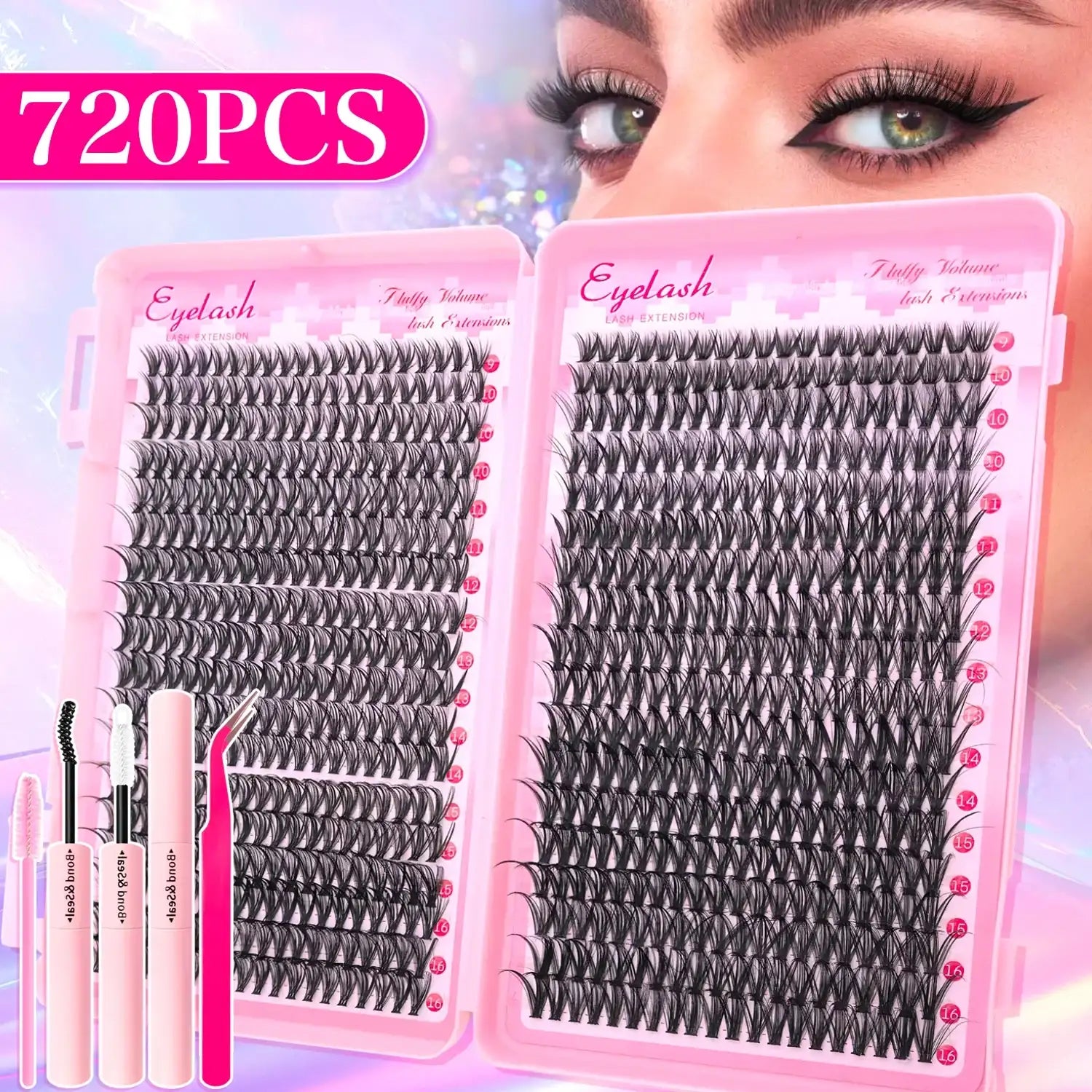 720/200pcs eyelash Extension Kit Fluffy Eyelash Extension kit with Lash Bond and Seal Lash Tweezers Thick Lash Clusters