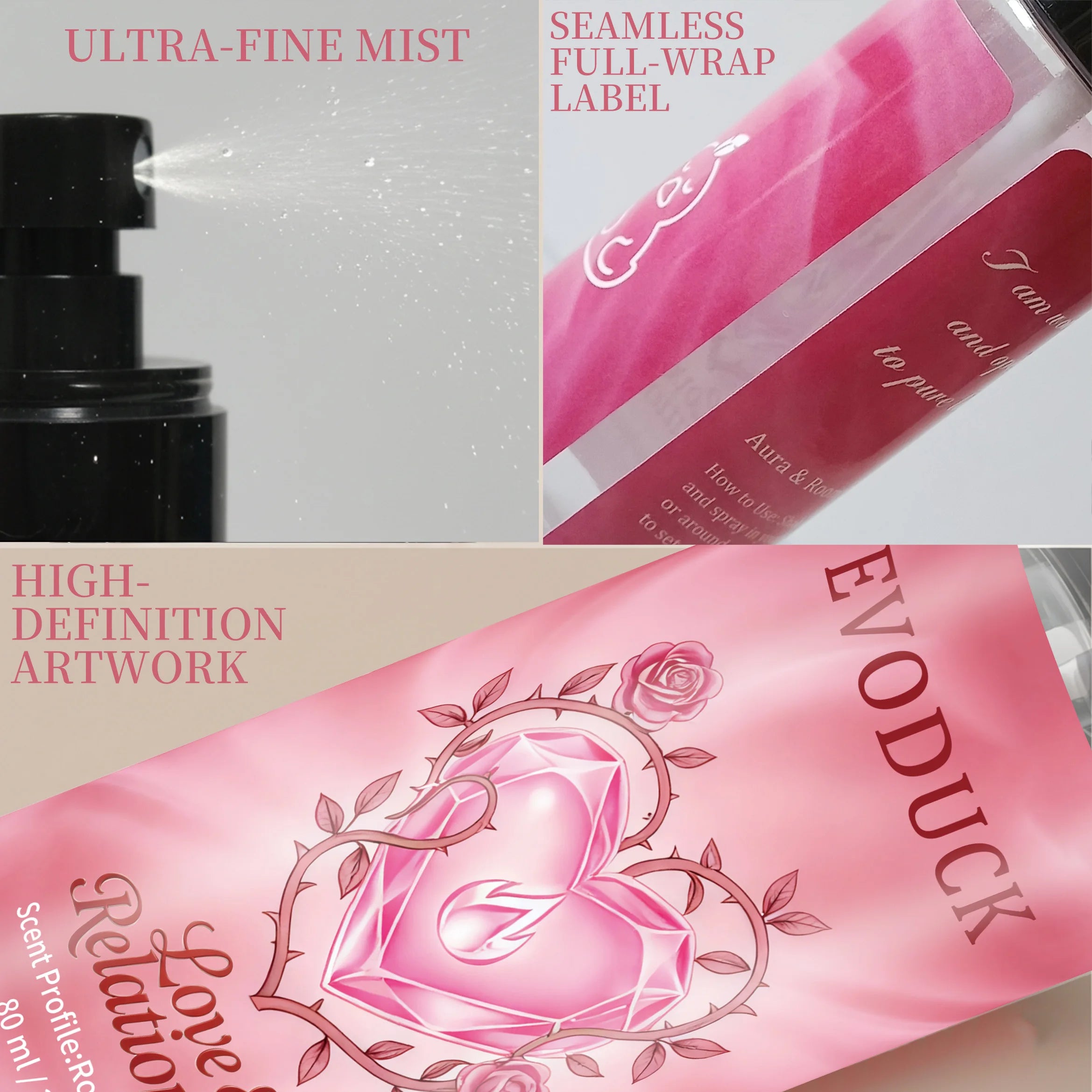 Evoduck Rose & Jasmine body fragrance mist for women. 2.7 oz long-lasting, travel-size scent in a slim spray bottle.
