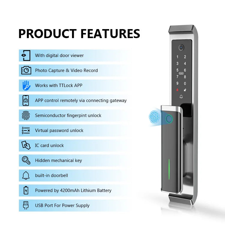 3DCamera TTlock Waterproof Bluetooth Wifi Fingerprint Smart Lock Electronic Intelligent Biometric Code Digital Door Lock