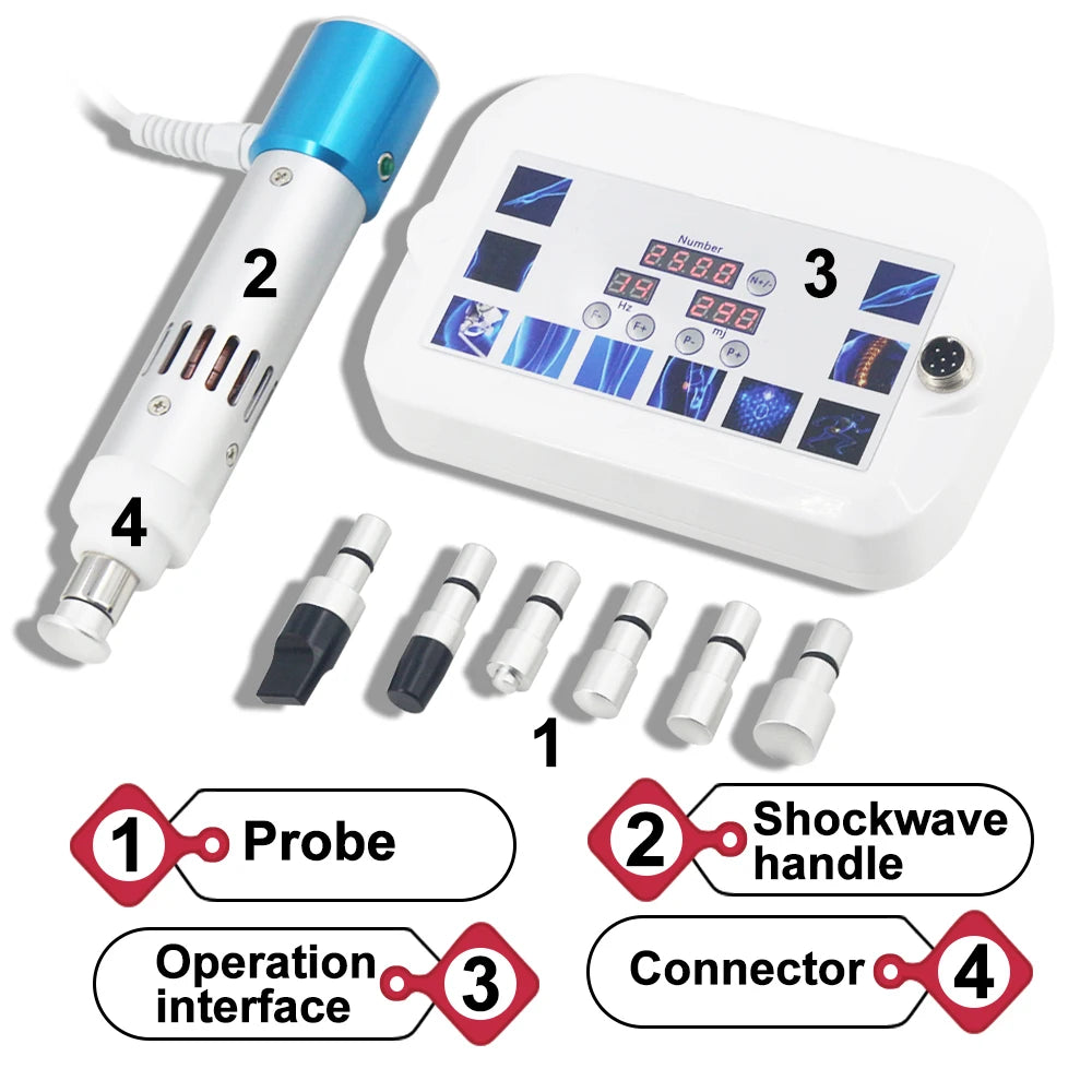 Shockwave therapy device with a control console, a silver-blue handheld applicator, and six interchangeable metal