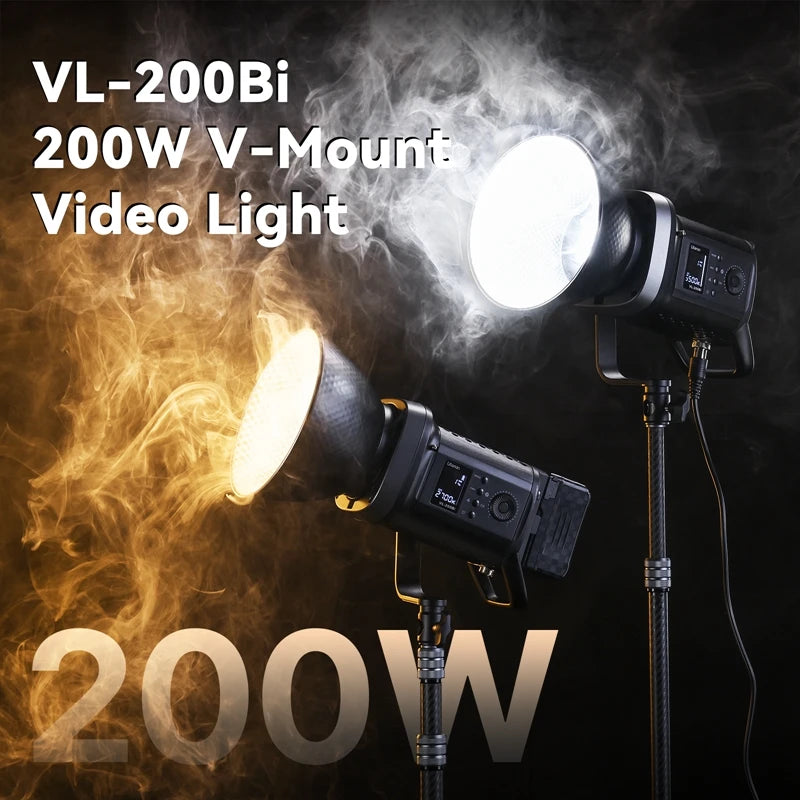 VL-200Bi 200W V-mount LED video light with black housing, adjustable reflector, and digital screen for studio lighting.
